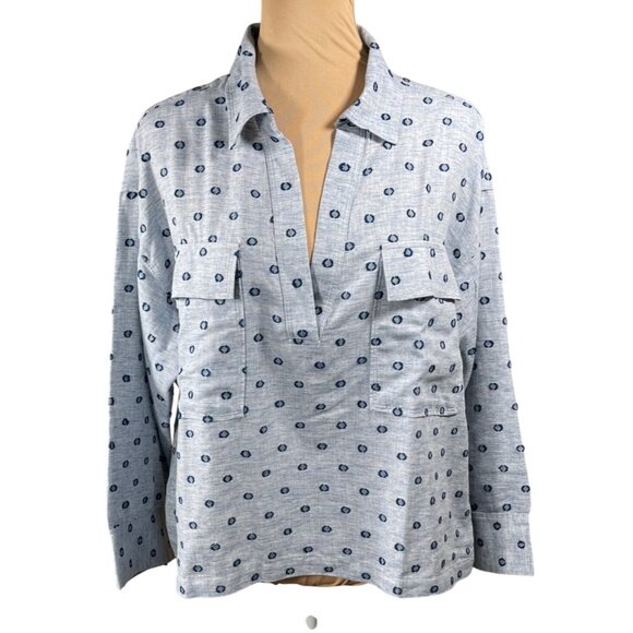 New Loft Popover Top Shirt Blue Collared Cropped L Large Linen Blend - Picture 1 of 7